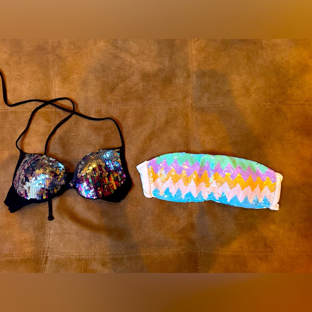 Victoria’s Secret Pink Sequin pushup Bikini Top and sequin bandeau top. Both XS